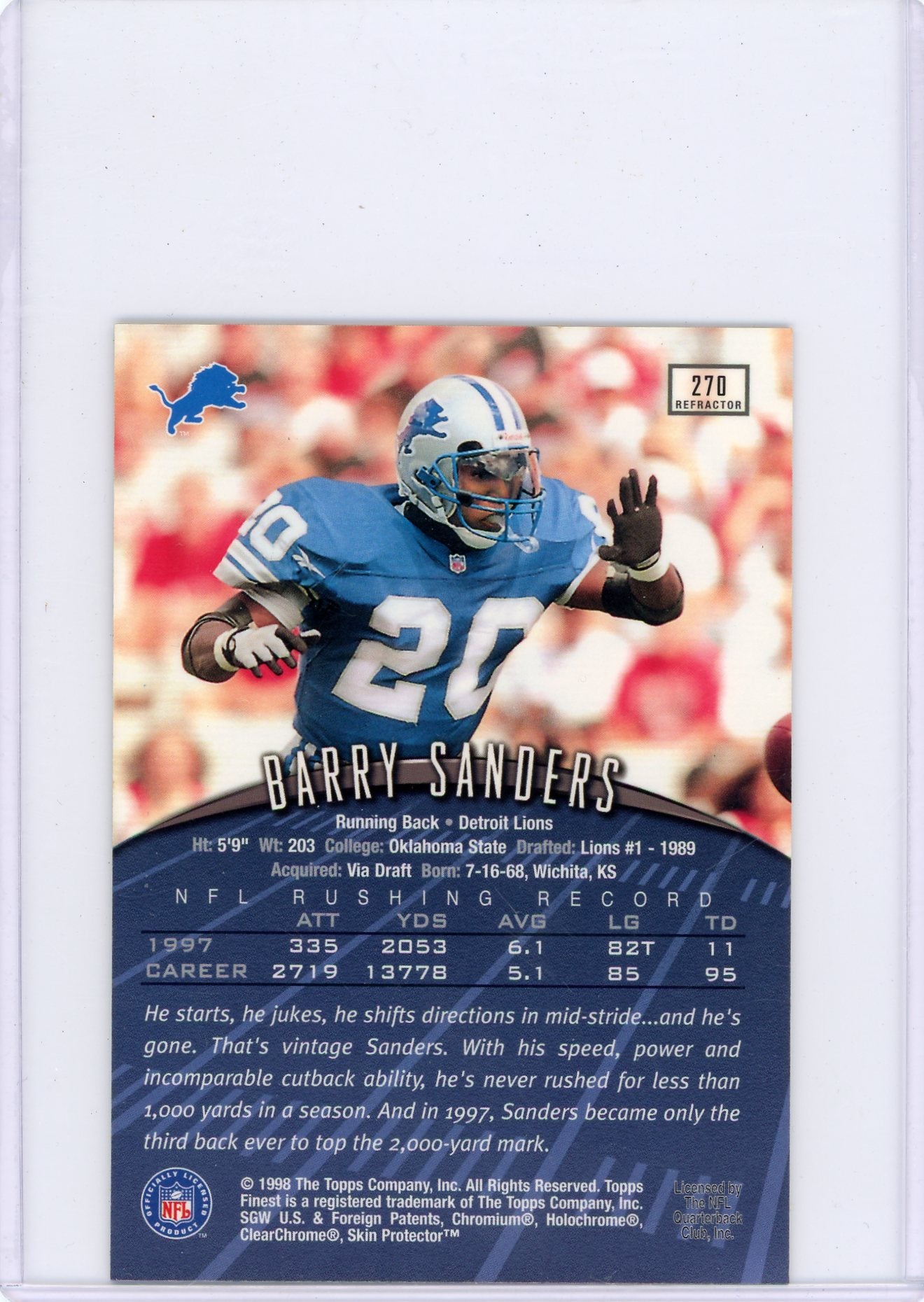 Barry Sanders 1998 Finest Jumbos 2 Refractor w/peel