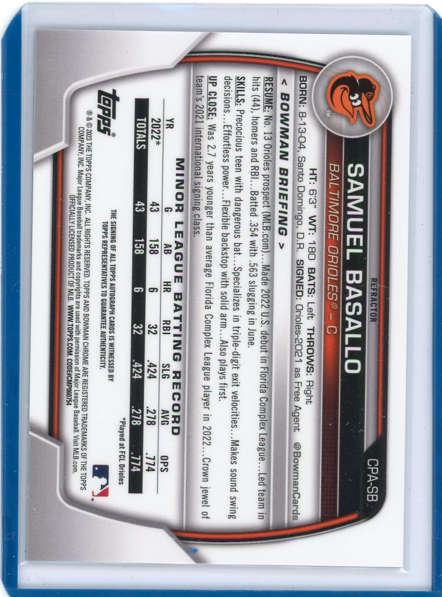2023 Bowman Chrome Samuel Basallo 1st Bowman Chrome Auto 2023 Refractor 454/499 CPA-SB