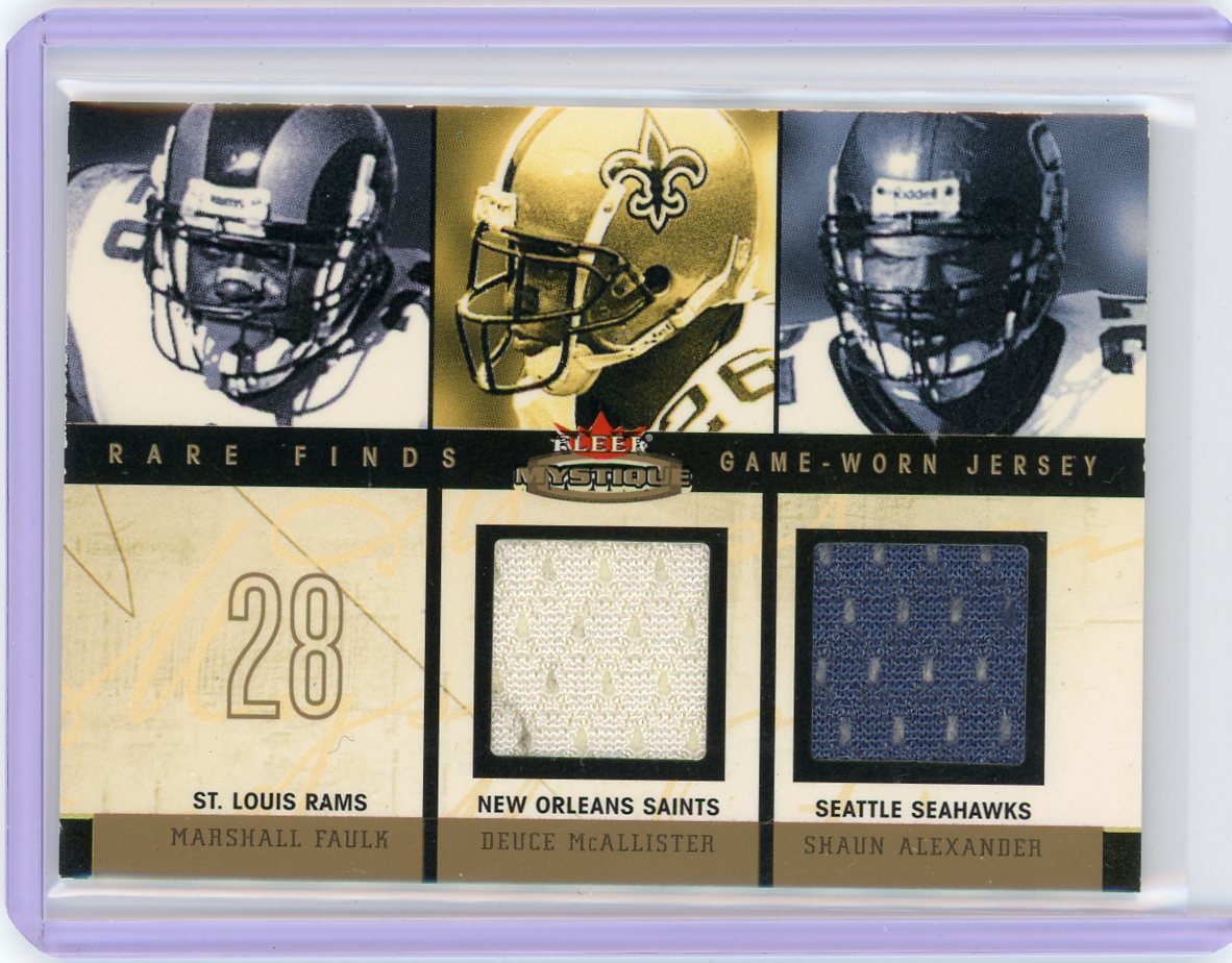 M Faulk D McAllister S Alexander 2003 Fleer Mystique Rare Finds auth. game-used double relic #'d 172/250