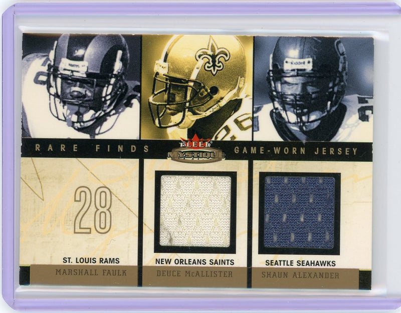 M Faulk D McAllister S Alexander 2003 Fleer Mystique Rare Finds auth. game-used double relic 