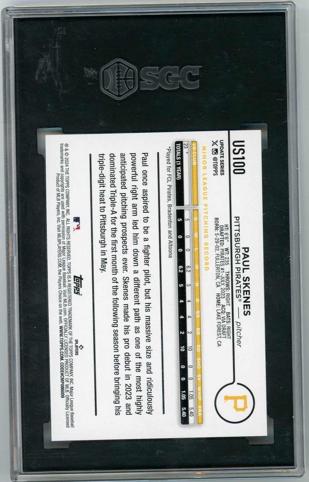 Paul Skenes 2024 Topps Update Rookie Card #US100 SGC 10