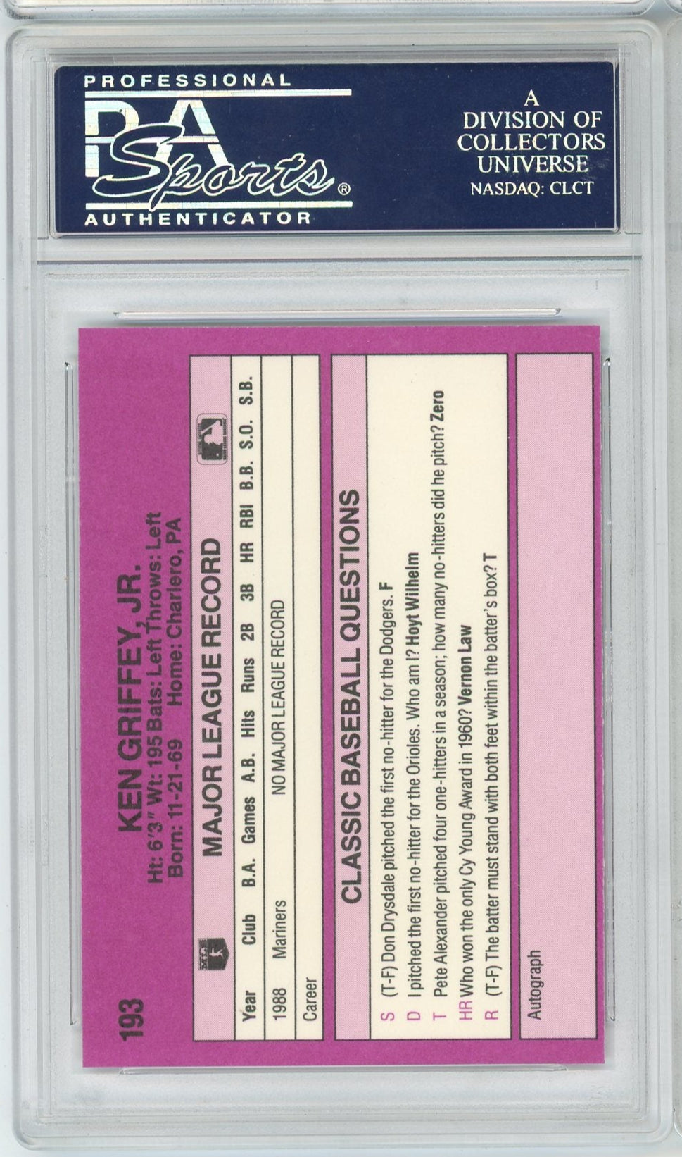 Ken Griffey Jr. 1989 Classic Travel Update II PSA 10