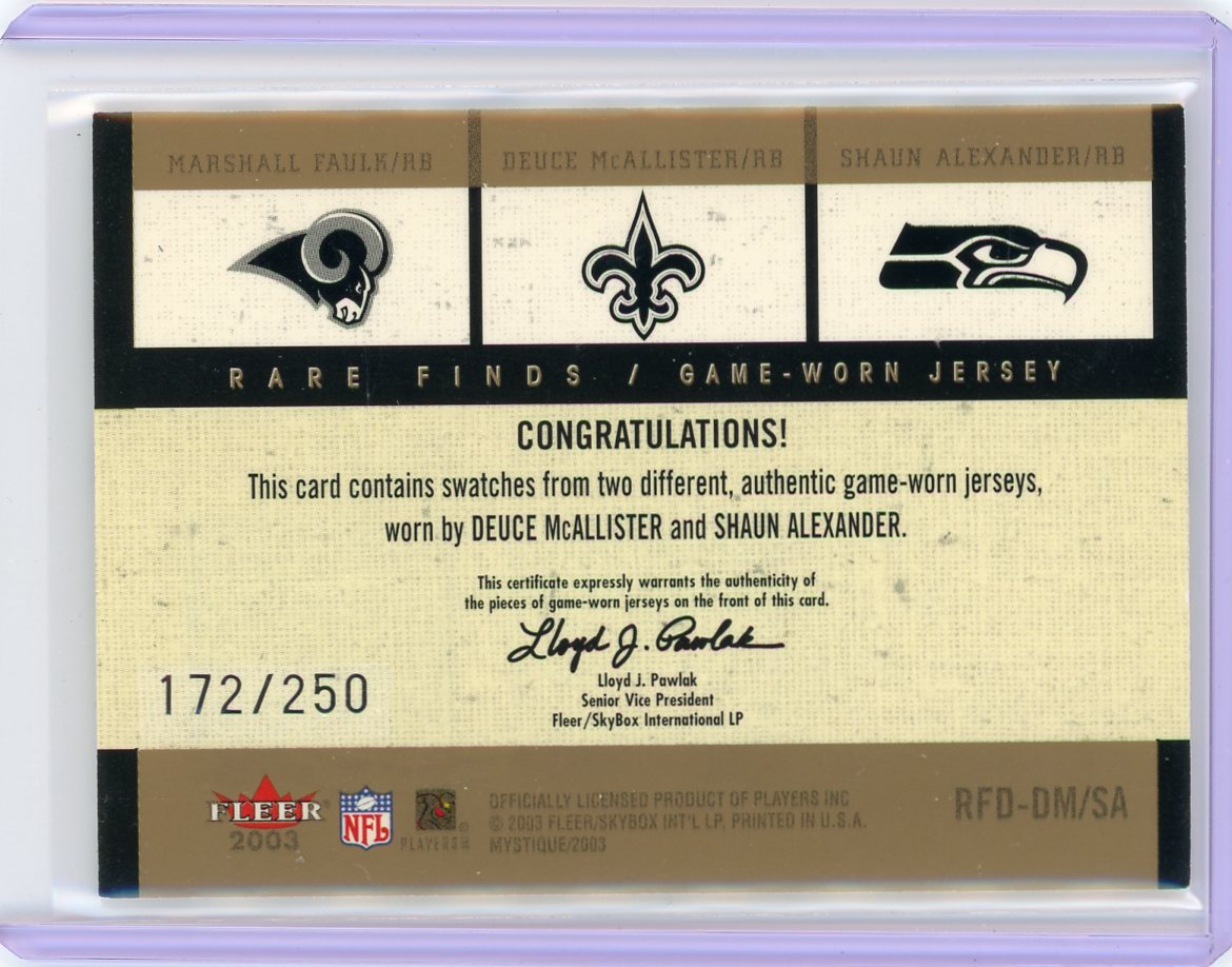 M Faulk D McAllister S Alexander 2003 Fleer Mystique Rare Finds auth. game-used double relic #'d 172/250