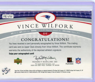 Vince Wilfork 2004 Upper Deck SP Game Used Rookie Exclusives autograph RC #'d 062/100