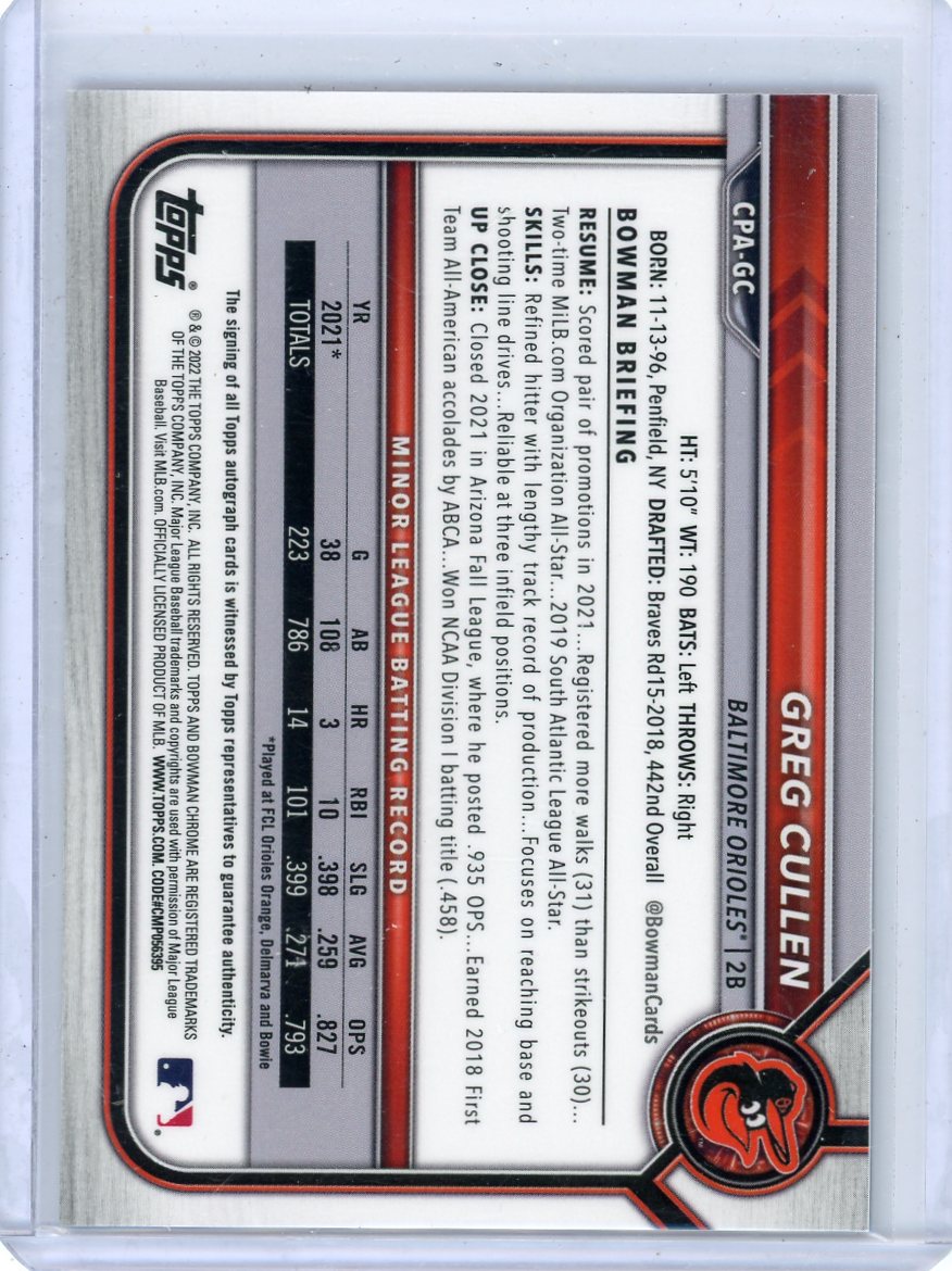 Greg Cullen 2022 1st Bowman Chrome autograph purple refractor #'d 122/250