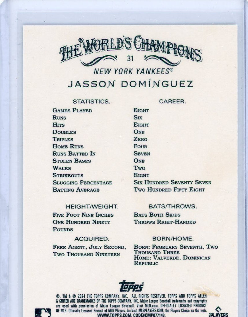 Jasson Dominguez 2024 Topps Allen & Ginter rookie card