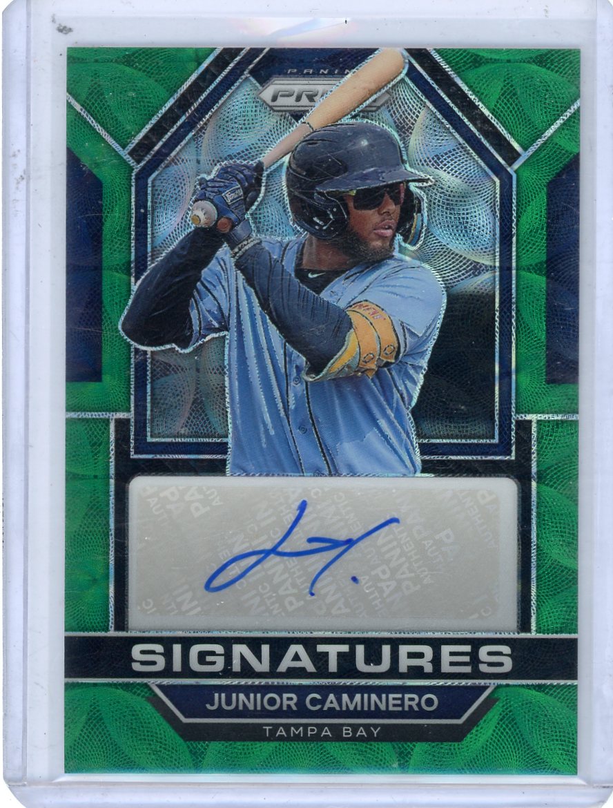 Junior Caminero 2023 Panini Prizm Signatures green scope prizm auto #'d 13/75