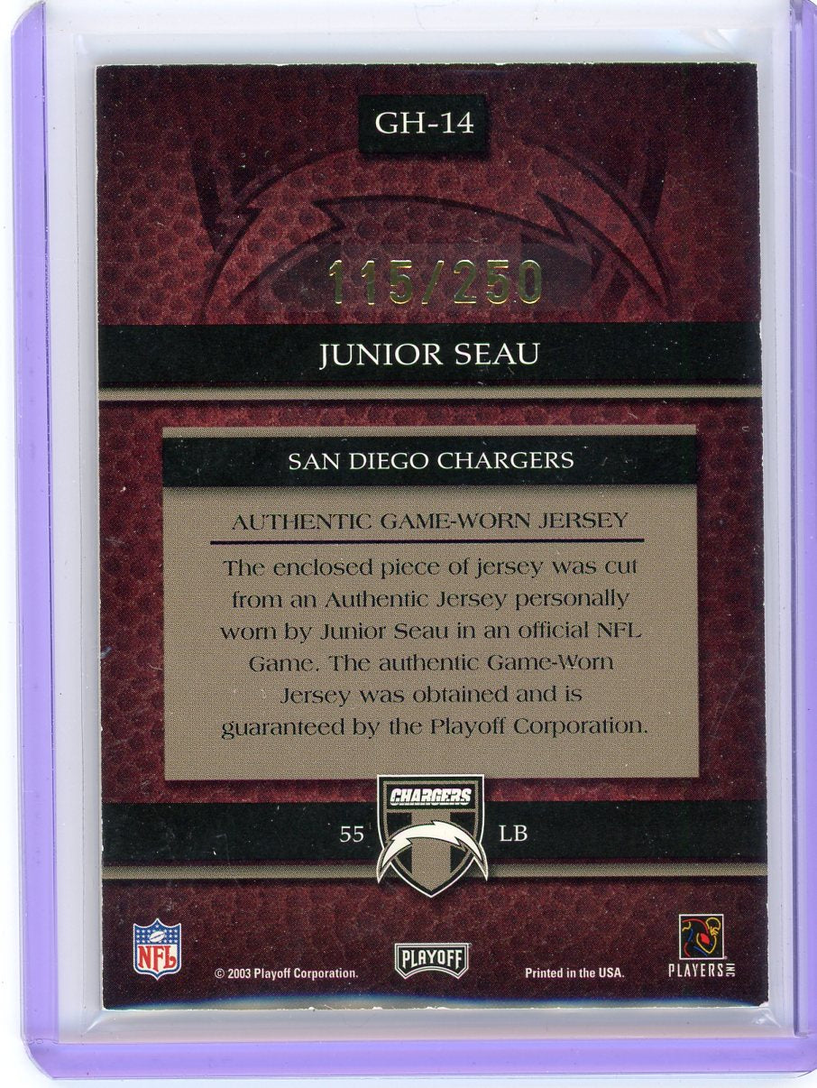 Junior Seau 2003 Playoff Prestige Gridiron Heritage auth. game-used jersey relic #'d 115/250