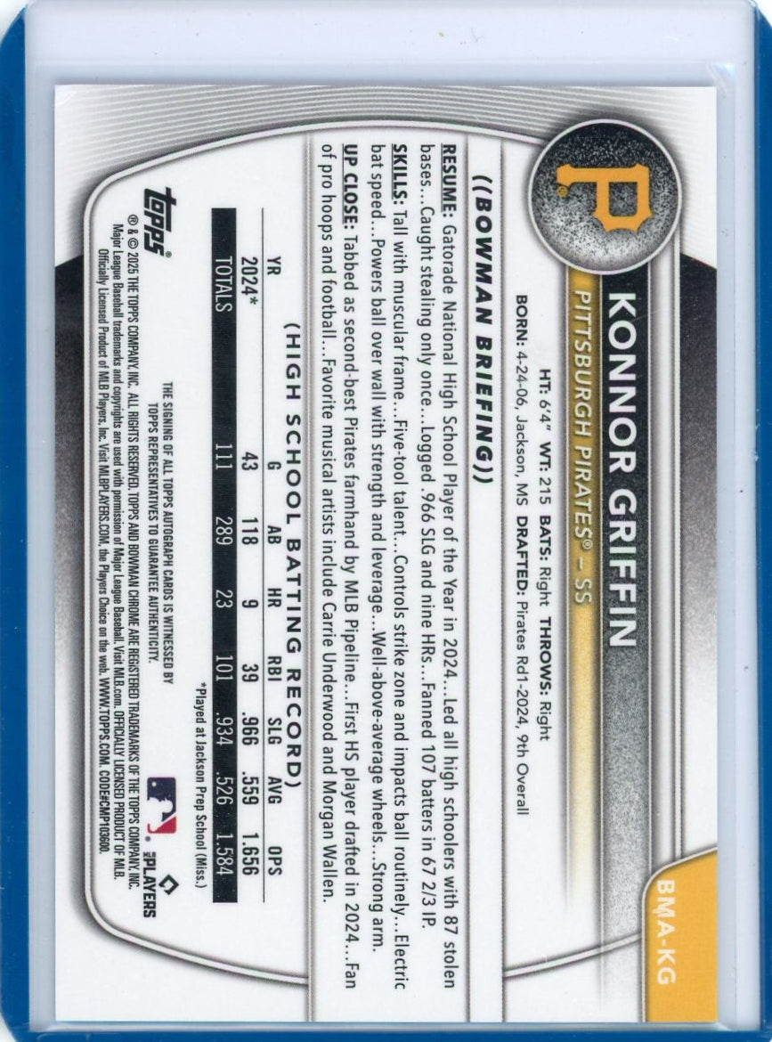 Konnor Griffin 2025 Bowman Chrome autograph blue mojo ref. #'d 140/150
