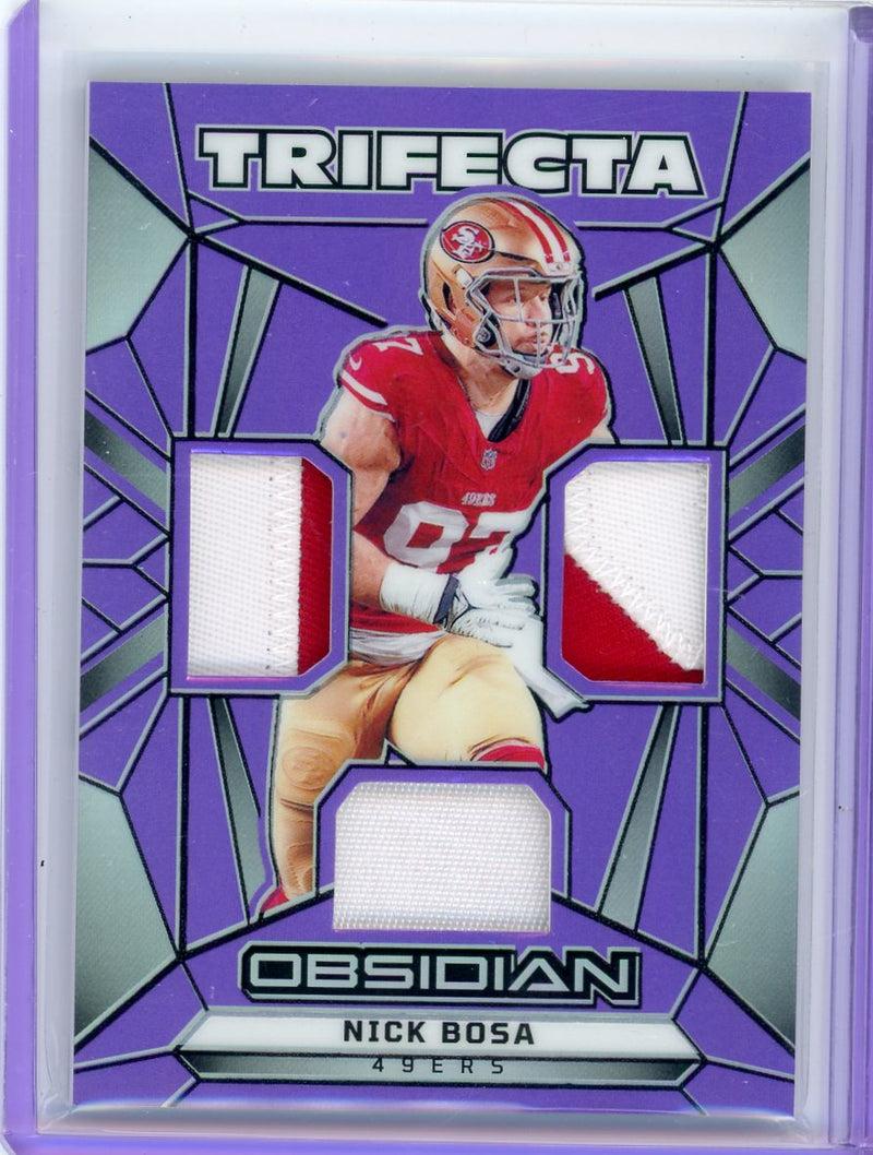 Nick Bosa 2024 Panini Obsidian Trifecta triple relic purple prizm 