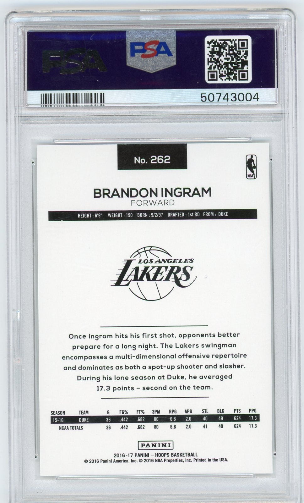 Brandon Ingram 2016 Panini Hoops Rookie Card PSA 10