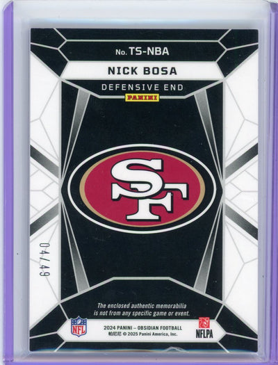 Nick Bosa 2024 Panini Obsidian Trifecta triple relic purple prizm #'d 04/49