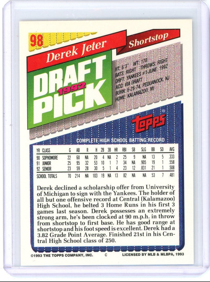 Derek Jeter 1993 Topps Draft Pick rookie card