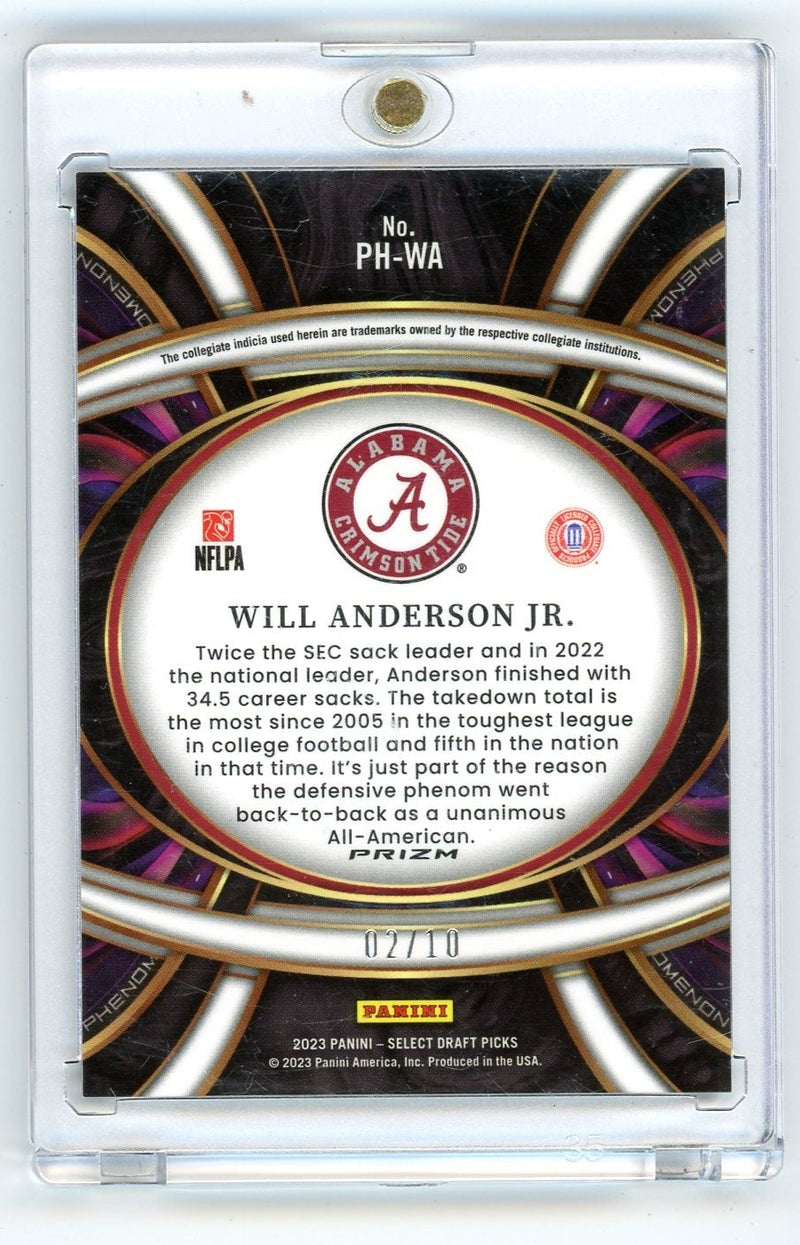 Will Anderson Jr. 2023 Panini Select Draft Phenomenon gold prizm rookie card 