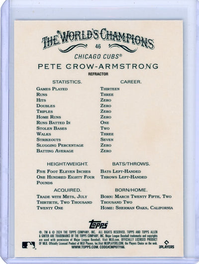 Pete Crow-Armstrong 2024 Topps Allen & Ginter Chrome refractor rookie card