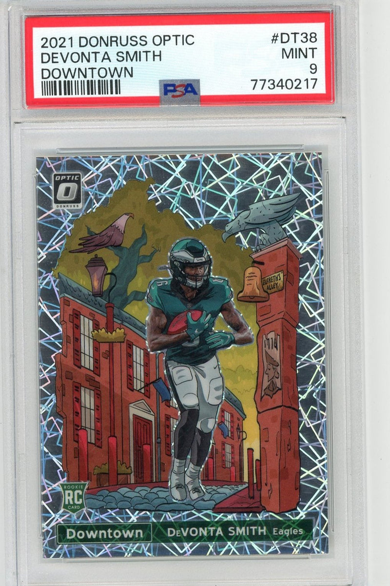 DeVonta Smith 2021 Panini Donruss Optic Downtown rookie card PSA 9