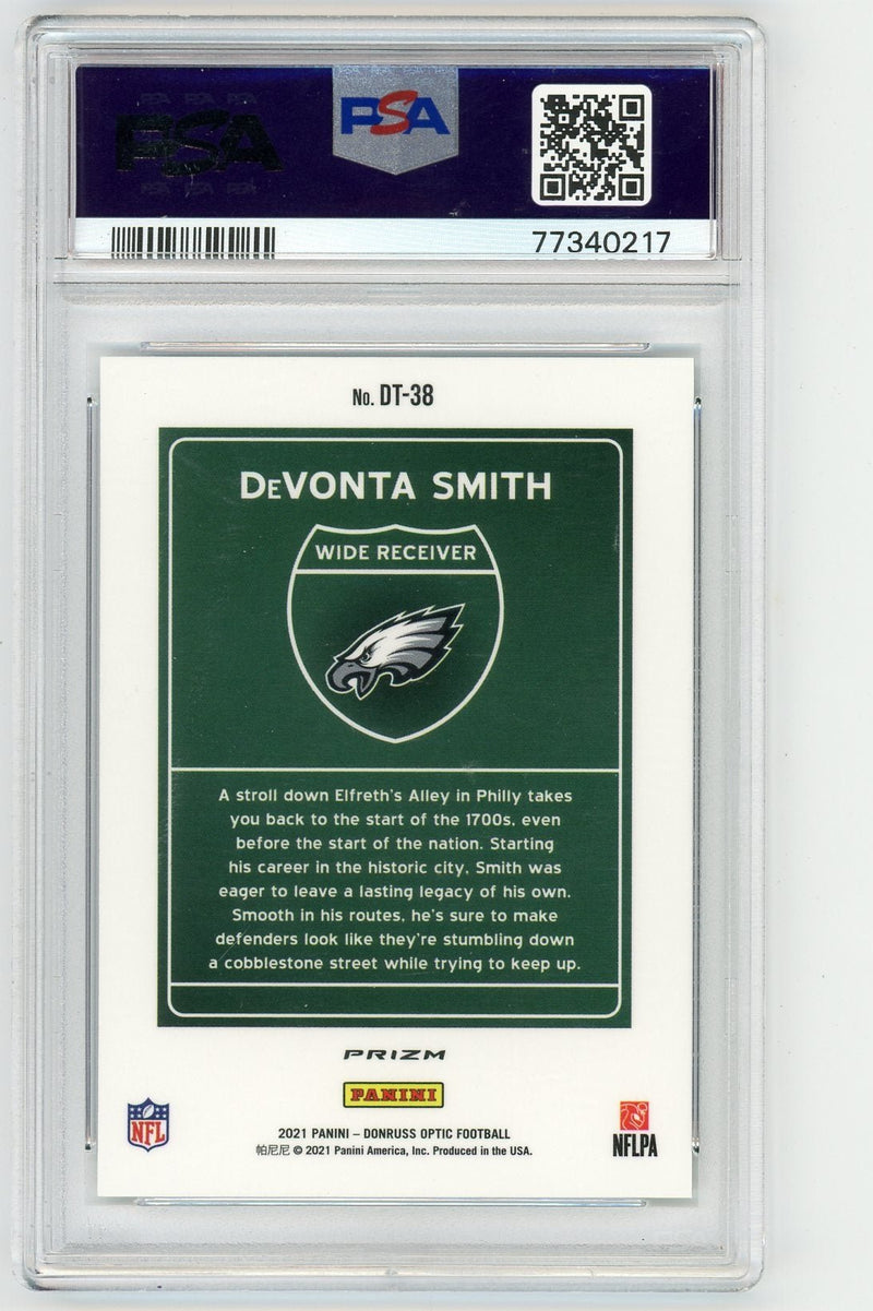 DeVonta Smith 2021 Panini Donruss Optic Downtown rookie card PSA 9