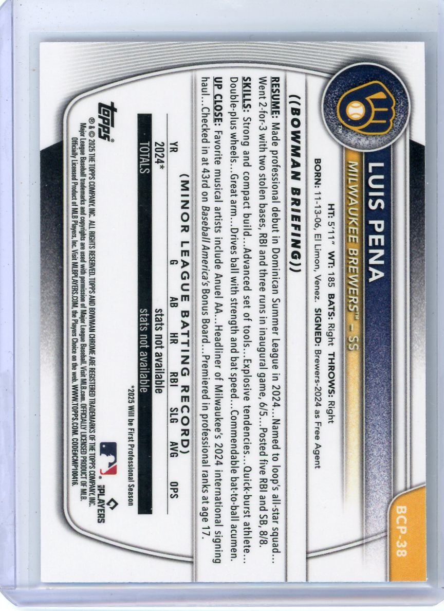Luis Pena 2025 Bowman Chrome 1st Bowman Purple Raywave #'d 008/250