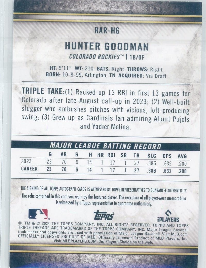 Hunter Goodman 2024 Topps Triple Threads autograph relic rookie card 