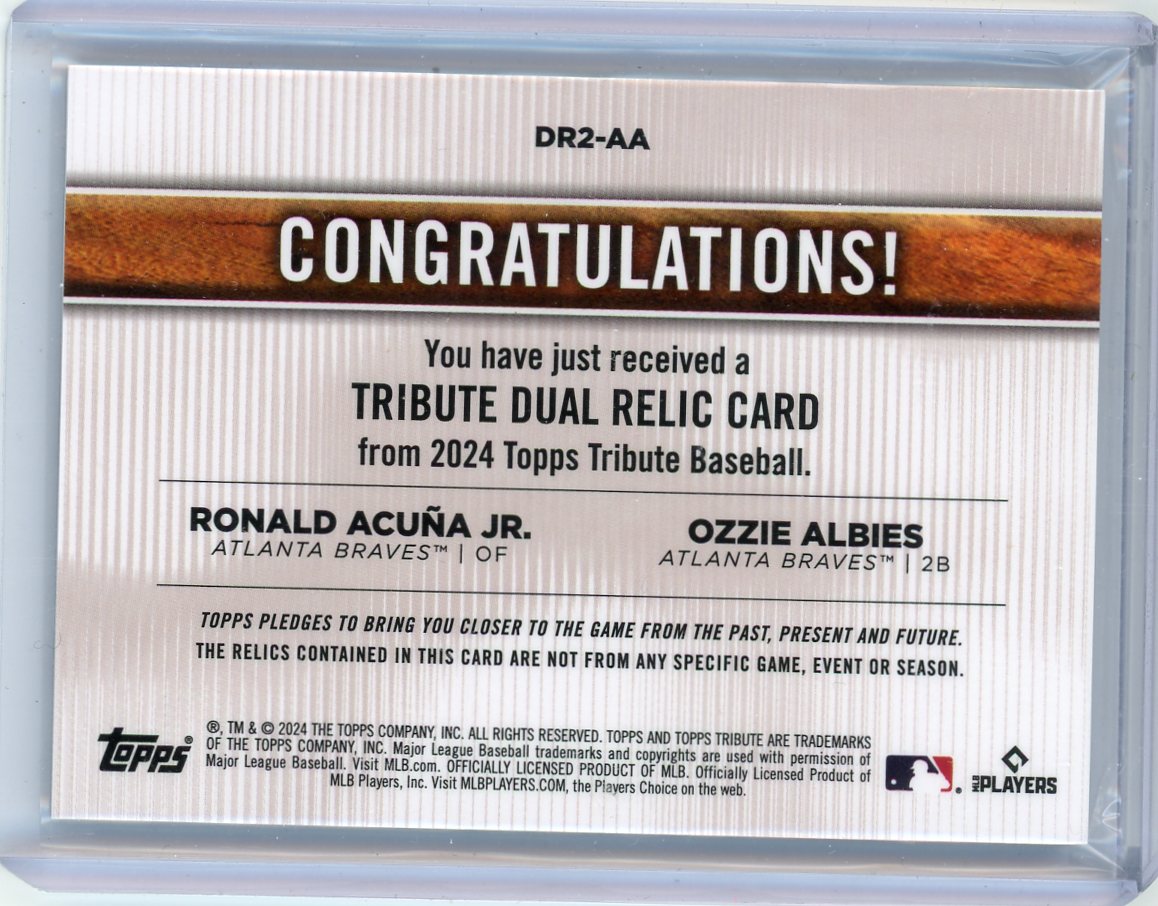 Ronald Acuna Jr. Ozzie Albies 2024 Topps Tribute dual relic blue #'d 068/150