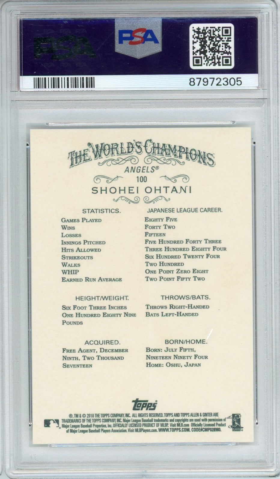 Shohei Ohtani 2018 Topps Allen & Ginter RC PSA 10