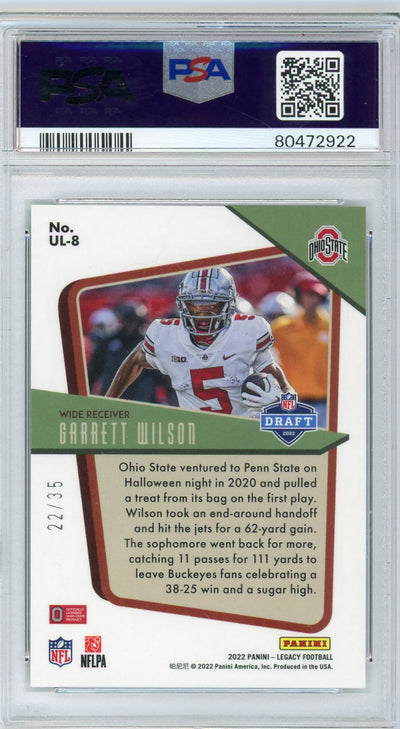 Garrett Wilson 2022 Panini Legacy Under the Lights Sapphire rookie card #'d 22/35 PSA 9