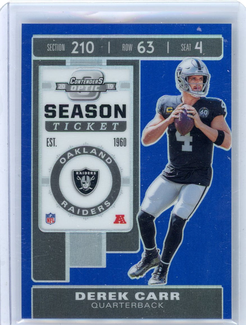 Derek Carr 2019 Panini Contenders Optic Season Ticket blue prizm 