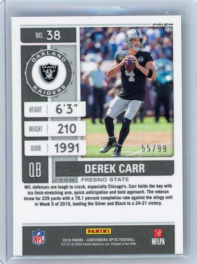 Derek Carr 2019 Panini Contenders Optic Season Ticket blue prizm #'d 55/99