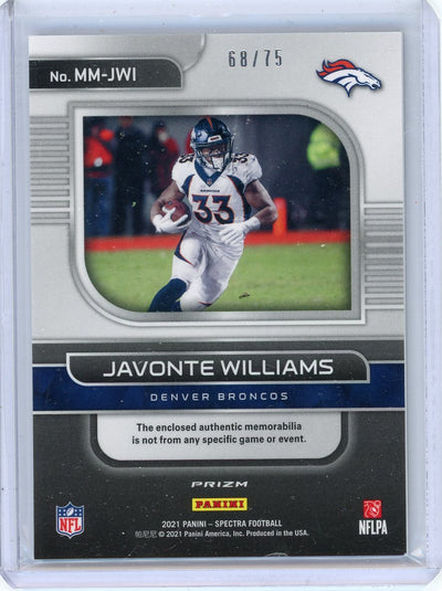 Javonte Williams 2021 Panini Spectra Monumental Memorabilia rookie card #'d 68/75