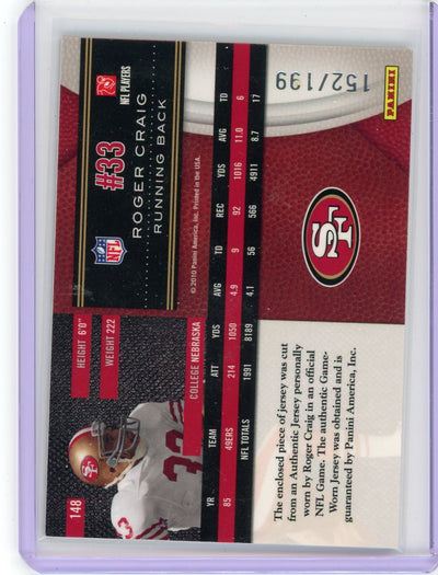 Roger Craig 2010 Panini Limited Legend auth. game-used jersey relic #'d 152/199