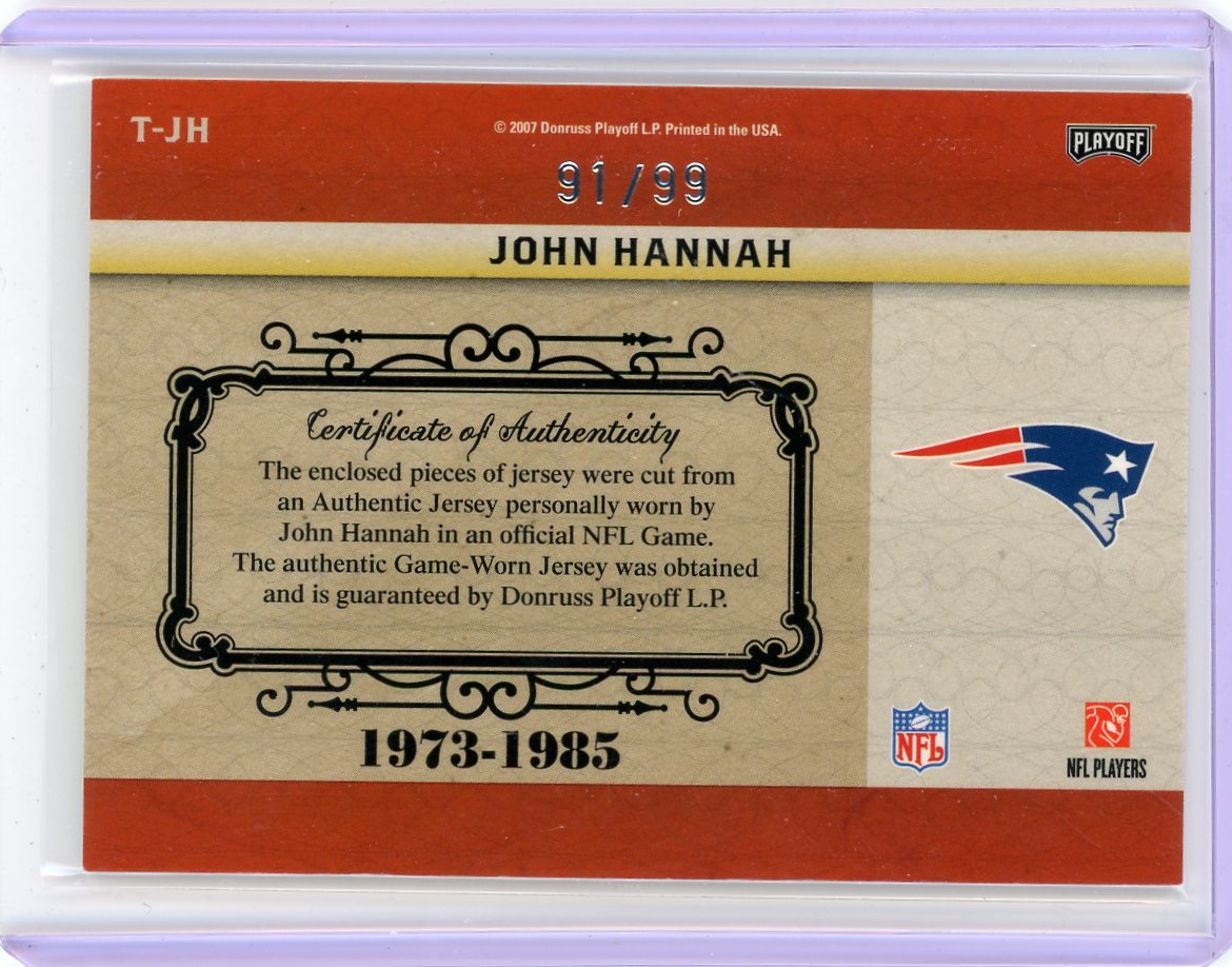 John Hannah 2007 Donruss Playoff LP Timeline auth. game-used triple jersey relic #'d 91/99