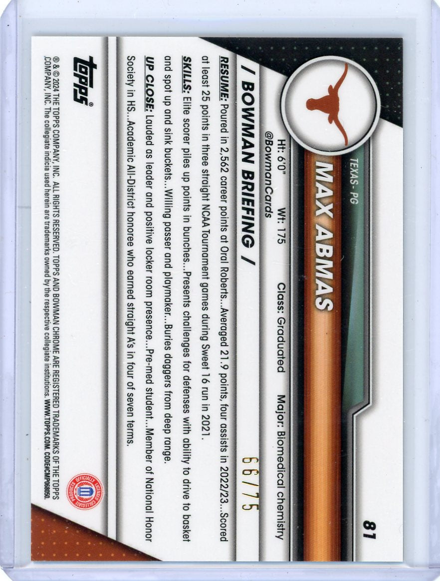 Max Abmas 2024 1st Bowman Chrome University gold ref. #'d 66/75