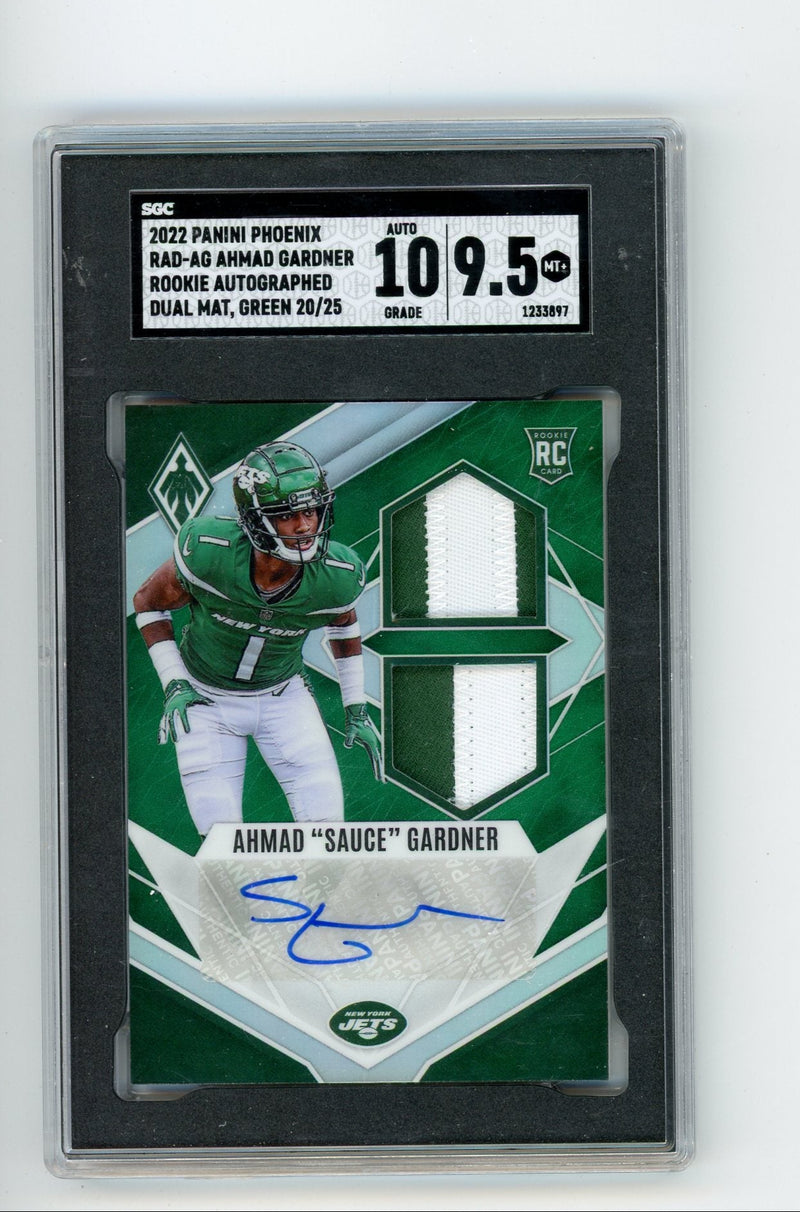 Ahmad "Sauce" Gardner 2022 Panini Phoenix RPS Rookie Auto Dual Jersey Prime Green 