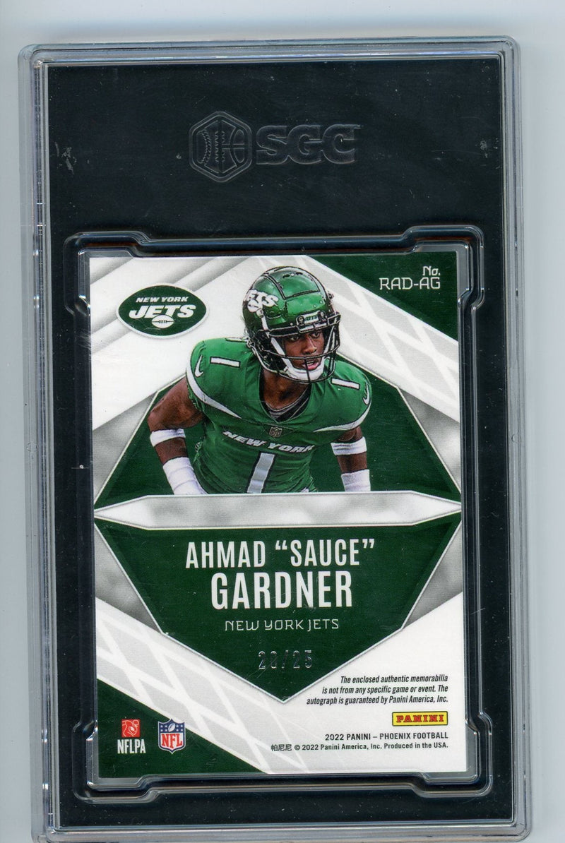 Ahmad "Sauce" Gardner 2022 Panini Phoenix RPS Rookie Auto Dual Jersey Prime Green 