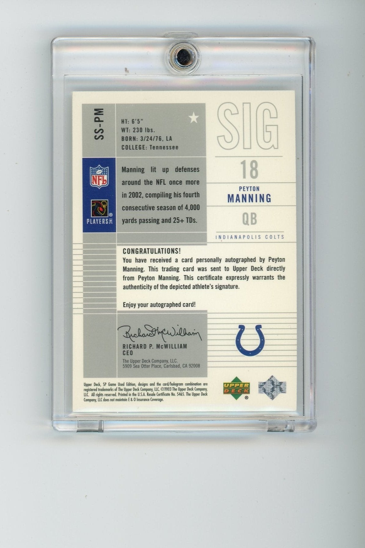 Peyton Manning 2003 Upper Deck Significant Signatures autograph blue foil #'d 09/99