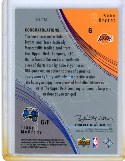 Kobe Bryant / Tracy McGrady 2002 Upper Deck SPx Winning Combos Dual Game Worn Relic