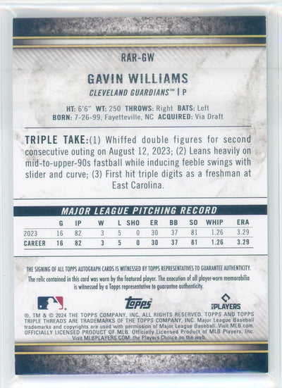 Gavin Williams 2024 Topps Triple Threads autograph relic rookie card #'d 77/99