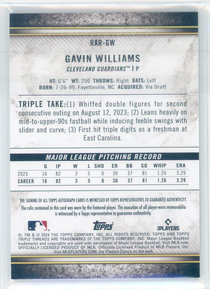 Gavin Williams 2024 Topps Triple Threads autograph relic rookie card 