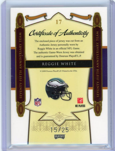 Reggie White 2008 Donruss Playoff National Treasures 75th Anniversary auth. game-worn prime jersey relic #'d 15/25