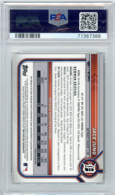 Jace Jung 2022 1st Bowman Draft Chrome autograph sparkle ref. #'d 26/71 PSA 9