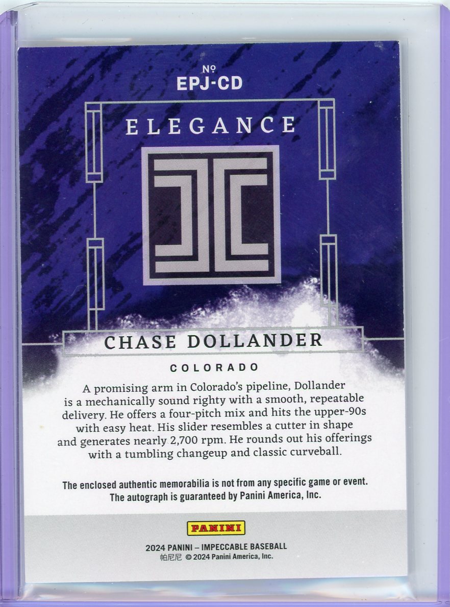 Chase Dollander 2024 Panini Impeccable Elegance autograph relic #'d 21/25