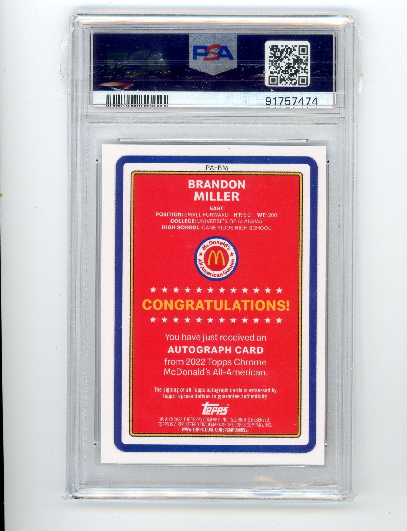 Brandon Miller 2022 Topps Chrome McDonald's AA Gameday Paper autograph PSA 8