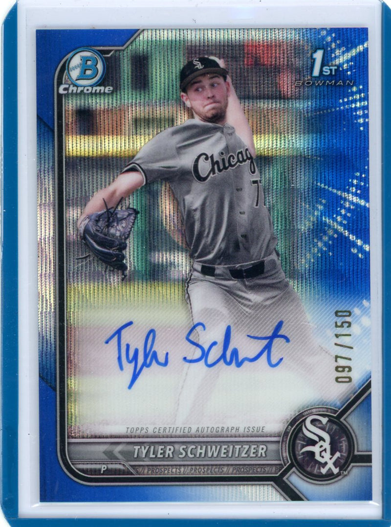 Tyler Schweitzer 2022 1st Bowman Chrome Draft autograph blue wave ref. 