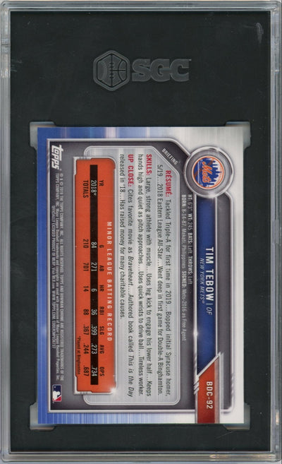 Tim Tebow 2019 Bowman Chrome Draft #BDC-92 SGC 9.5