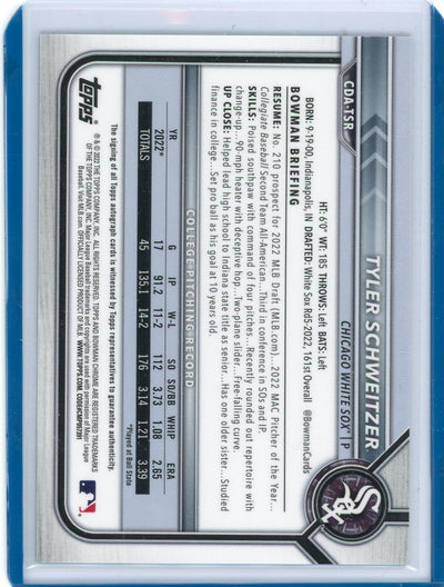 Tyler Schweitzer 2022 1st Bowman Chrome Draft autograph blue wave ref. #'d 097/150