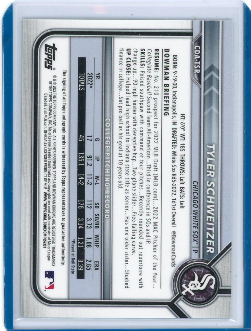 Tyler Schweitzer 2022 1st Bowman Chrome Draft autograph blue wave ref. 