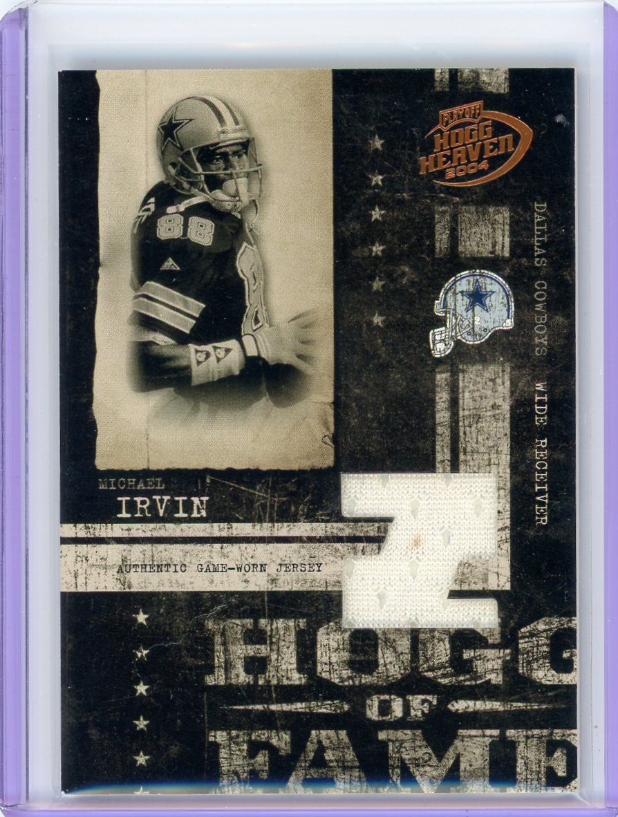 Michael Irvin 2004 Donruss Playoff Hogg Heaven auth. game-used jersey relic #'d 054/150