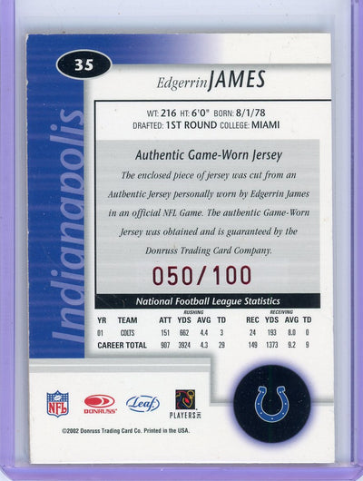 Edgerrin James 2002 Donruss Leaf Certified Mirror Red auth. game-used jersey relic #'d 050/100