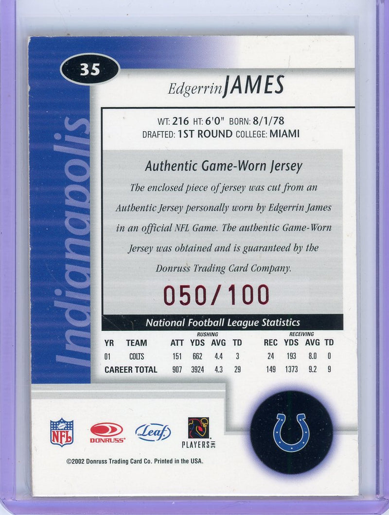 Edgerrin James 2002 Donruss Leaf Certified Mirror Red auth. game-used jersey relic 