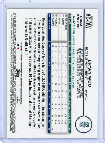 Bryan Woo 2024 Topps Chrome Rookie Autograph Refractor #'d 113/499